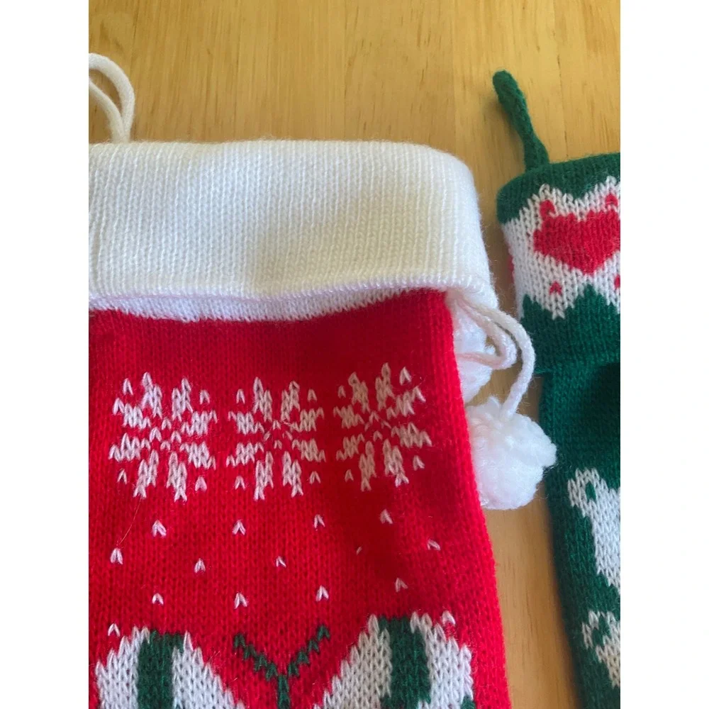 Vintage Knit Christmas Stockings Set 2 Teddy Bear Candy Cane Red Green Pom Poms